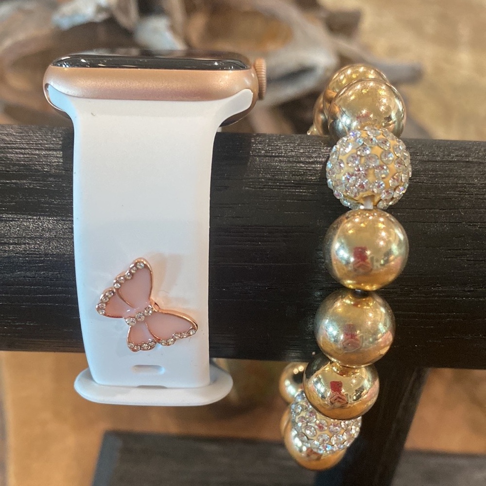 White Silicone Apple Watch Band with Butterfly Charm & Goldie Bracelet